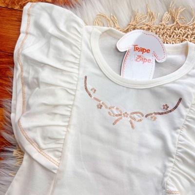 Conj. Regata com Laço em Paetê e Short - Off White e Areia